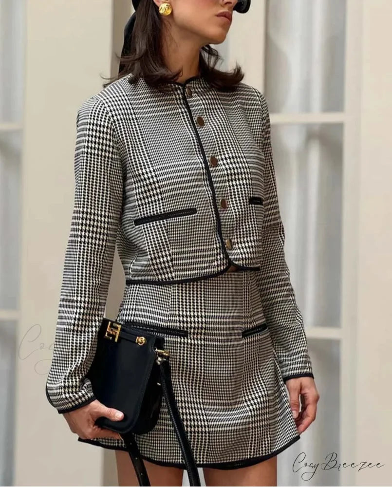 Black Print O-Neck Pockets Mini Office Set Black / S officetwopieceset-250223