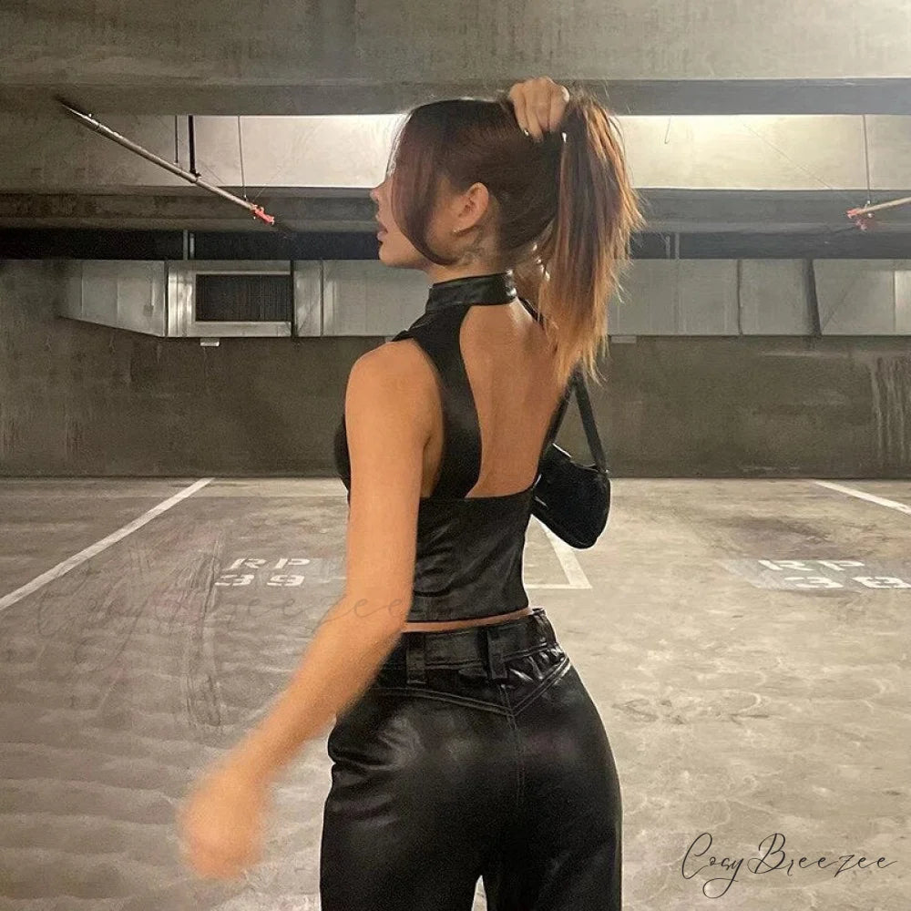 Black Pu Leather Charming Moto Zipper Tank Top
