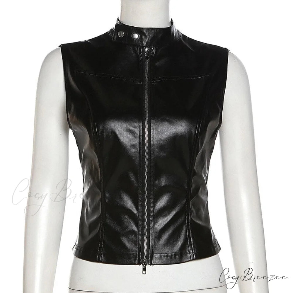 Black Pu Leather Charming Moto Zipper Tank Top