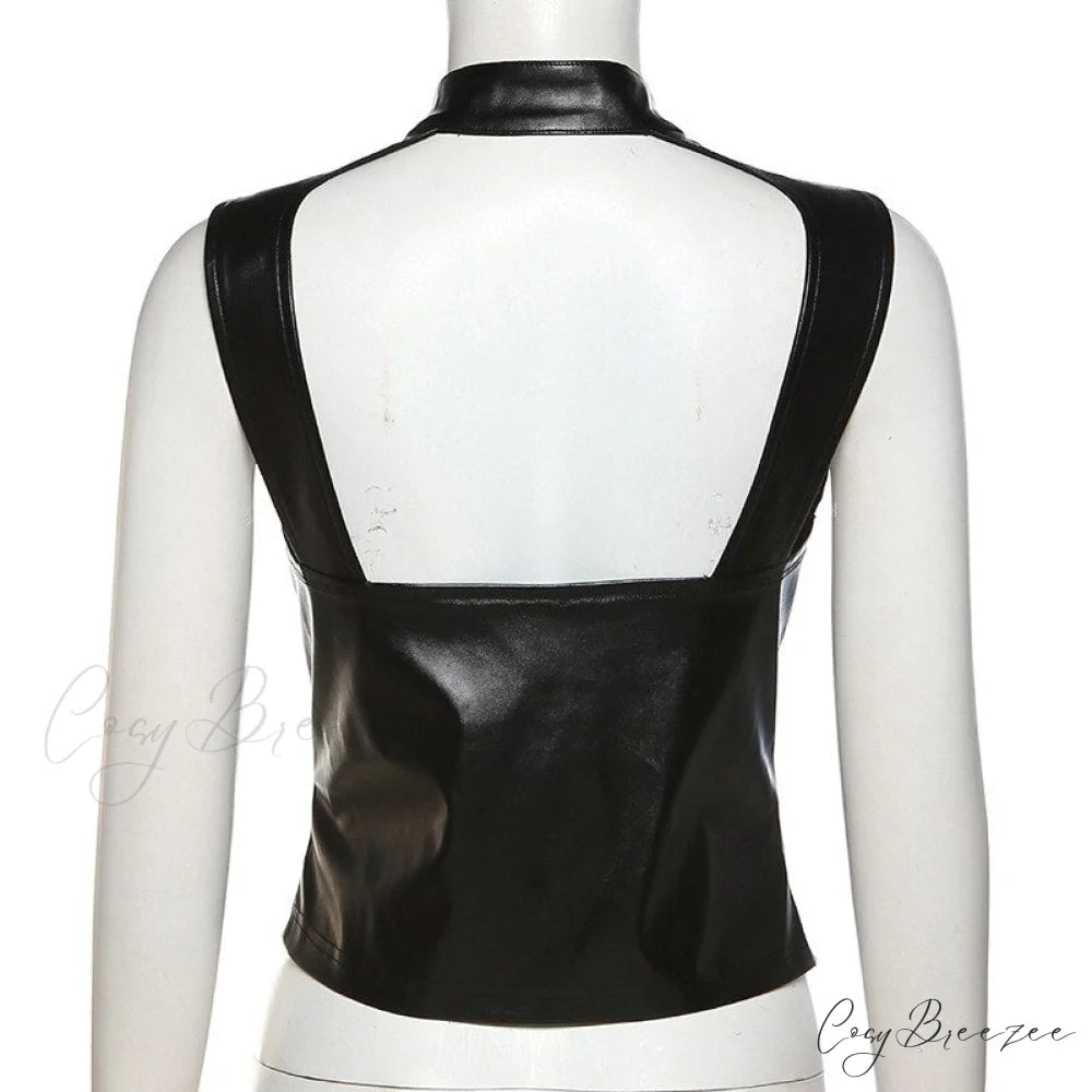 Black Pu Leather Charming Moto Zipper Tank Top
