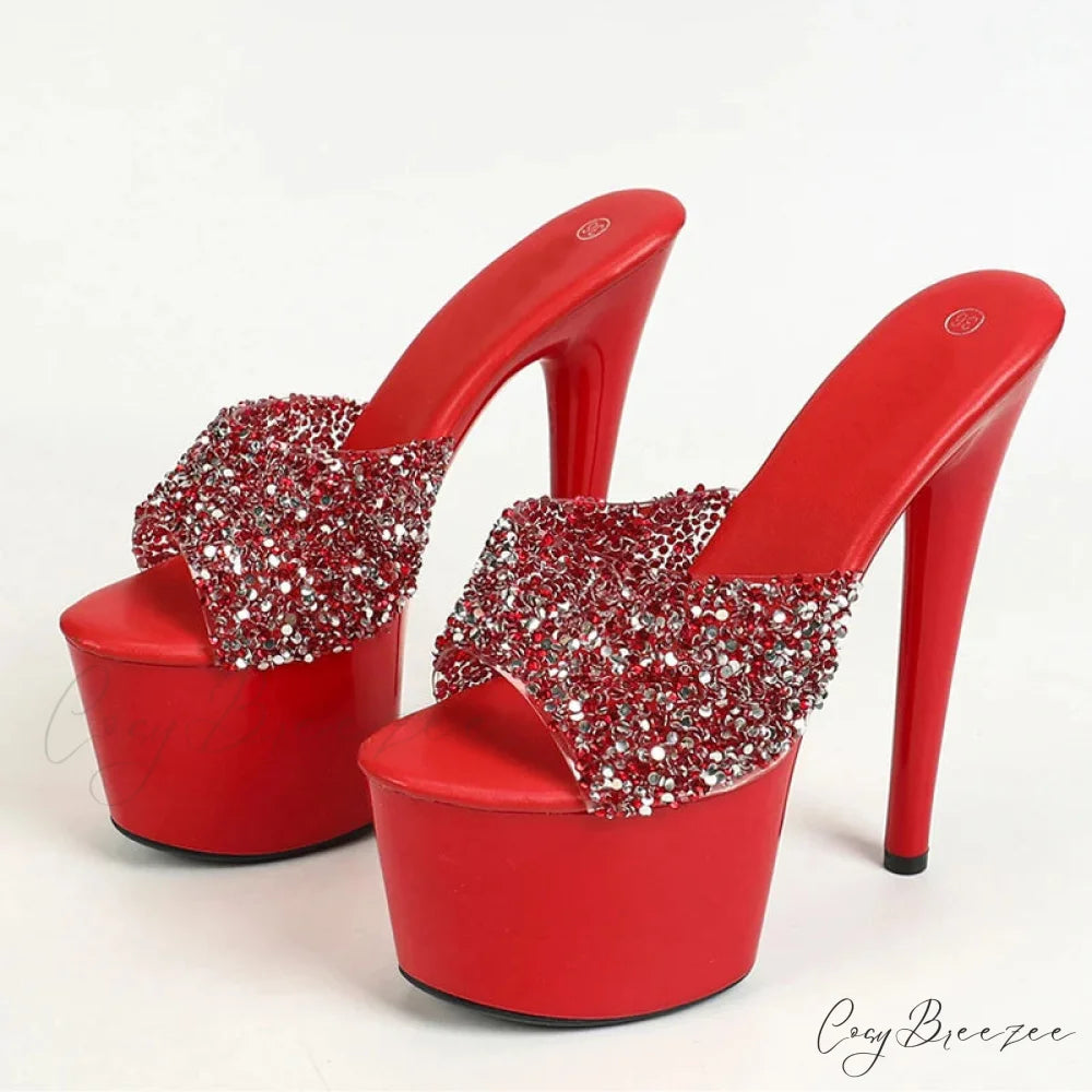Black Red High Heels Platform Slippers Women Summer Fashion Sequined PVC Transparent Sandals Peep Toe Stripper Shoes