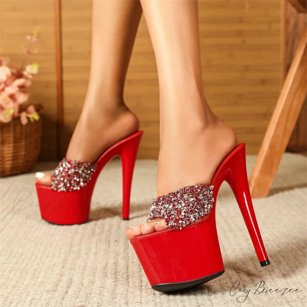 Black Red High Heels Platform Slippers Women Summer Fashion Sequined PVC Transparent Sandals Peep Toe Stripper Shoes