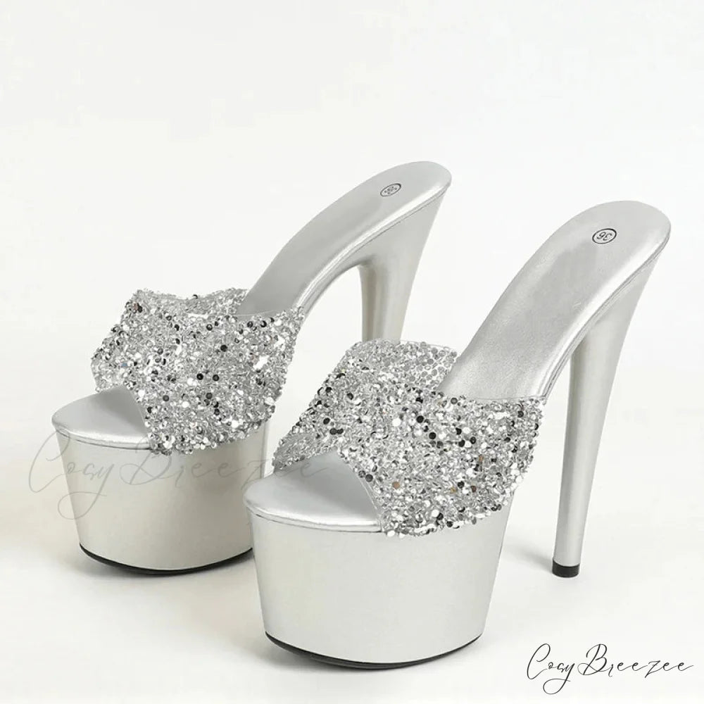 Black Red High Heels Platform Slippers Women Summer Fashion Sequined PVC Transparent Sandals Peep Toe Stripper Shoes