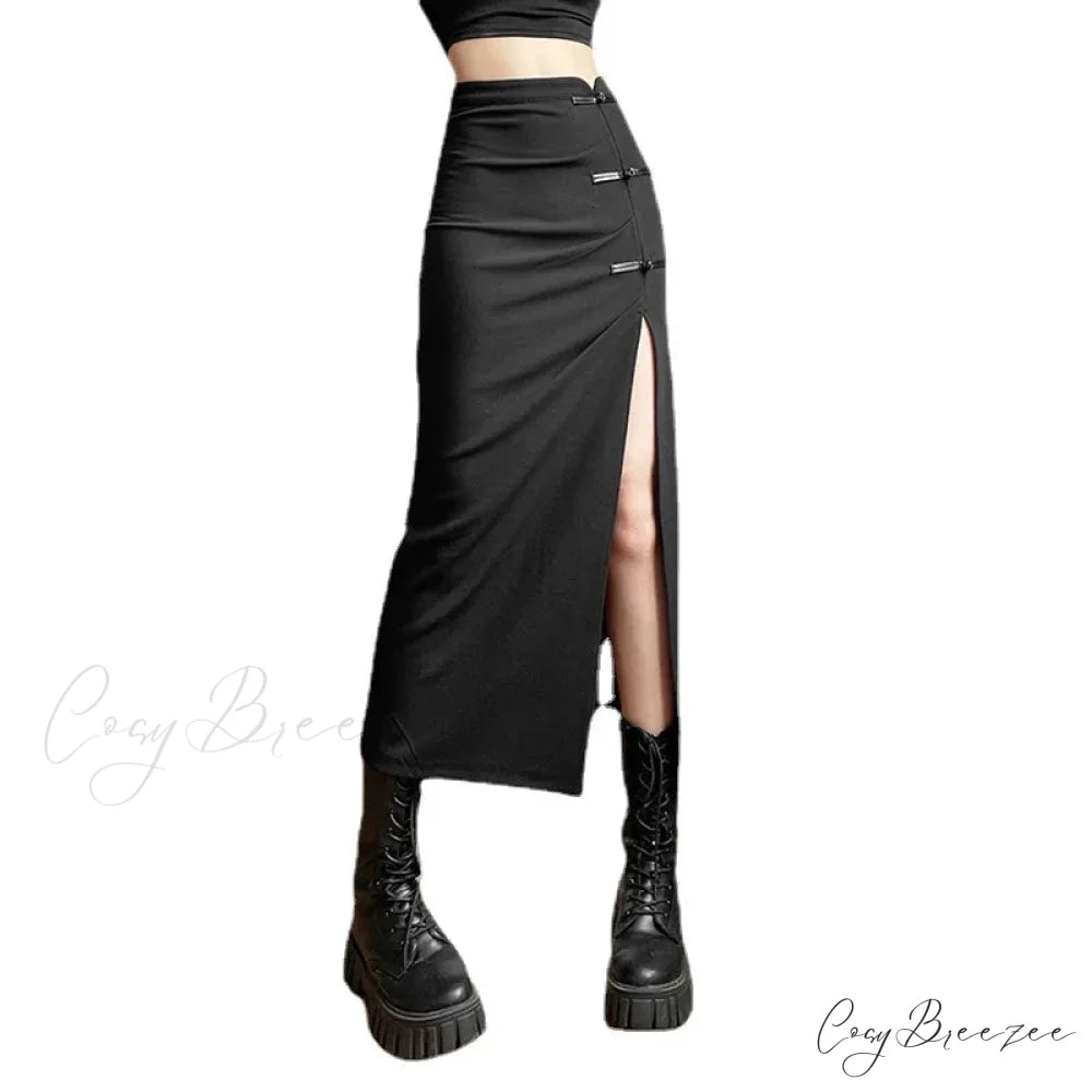 Black Sexy Women A-line Slits High Waist Slim Hip-covering Solid Mid-length Long Streetwear Skirt BLACK / S