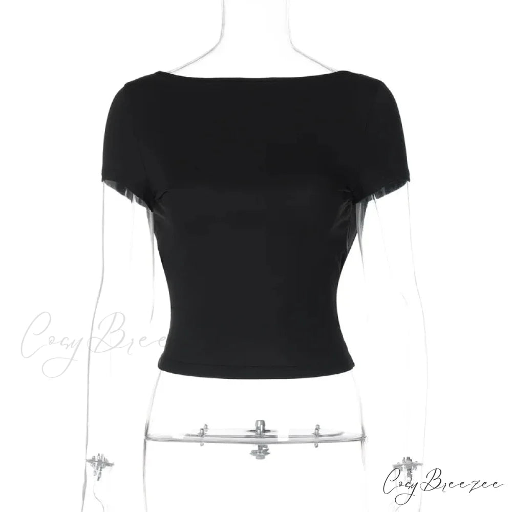 Black Short Stylish Sleeve Backless Top Black / S