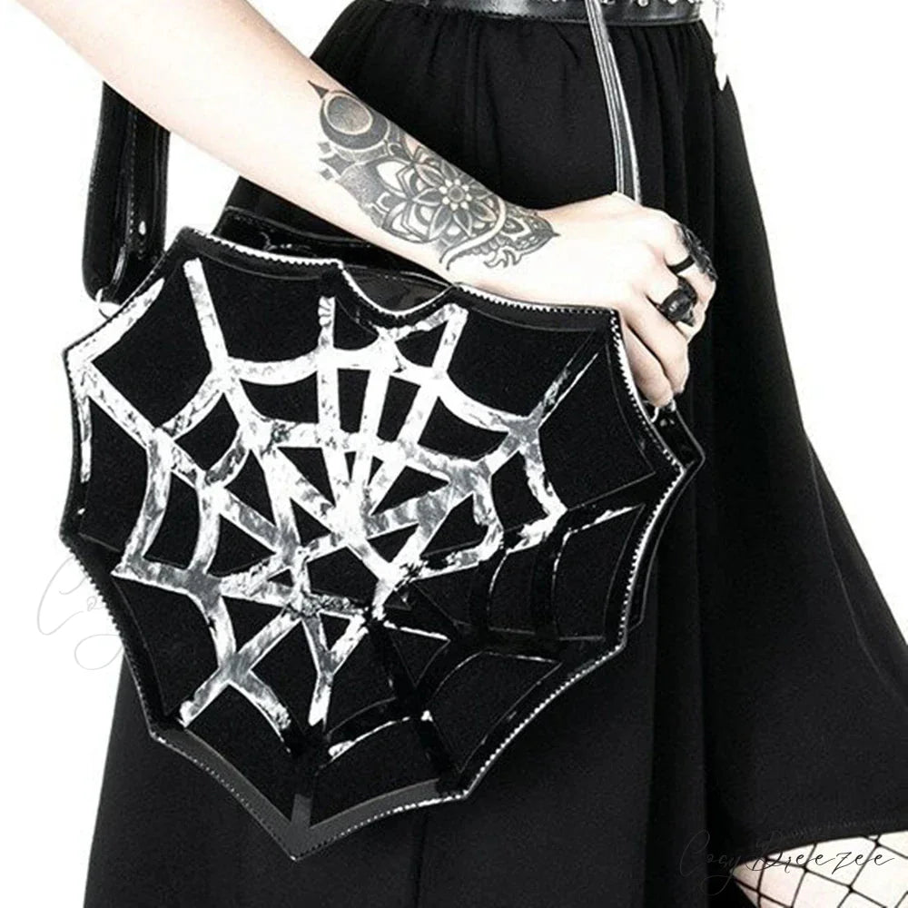 Black Spider Web Punk Creative Women’s Halloween Designer Shoulder Crossbody Bag Black / 30x30x8cm