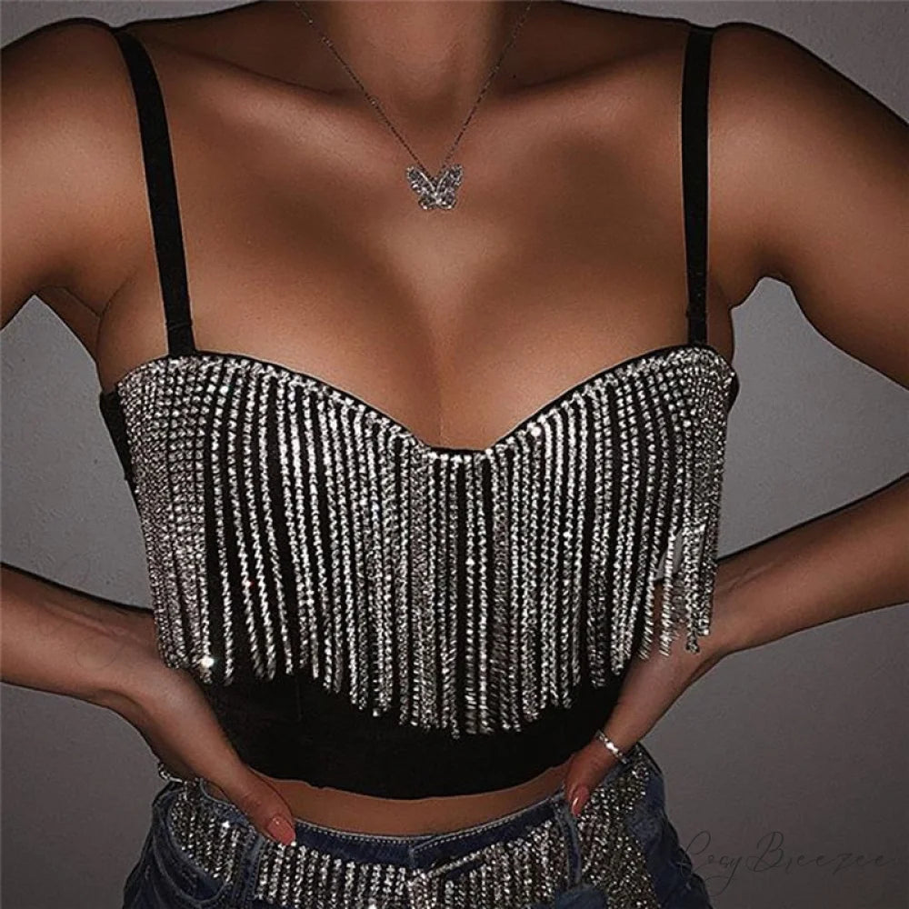 Black Strap Crop Charming Top With Rhinestone Fringe