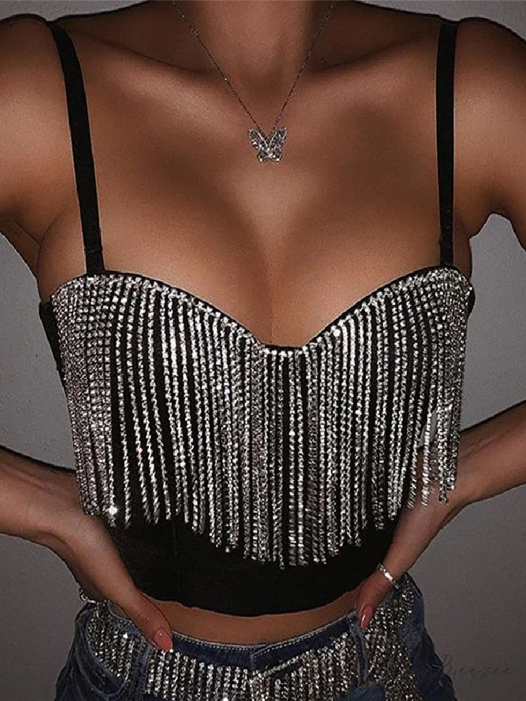 Black Strap Crop Charming Top With Rhinestone Fringe S