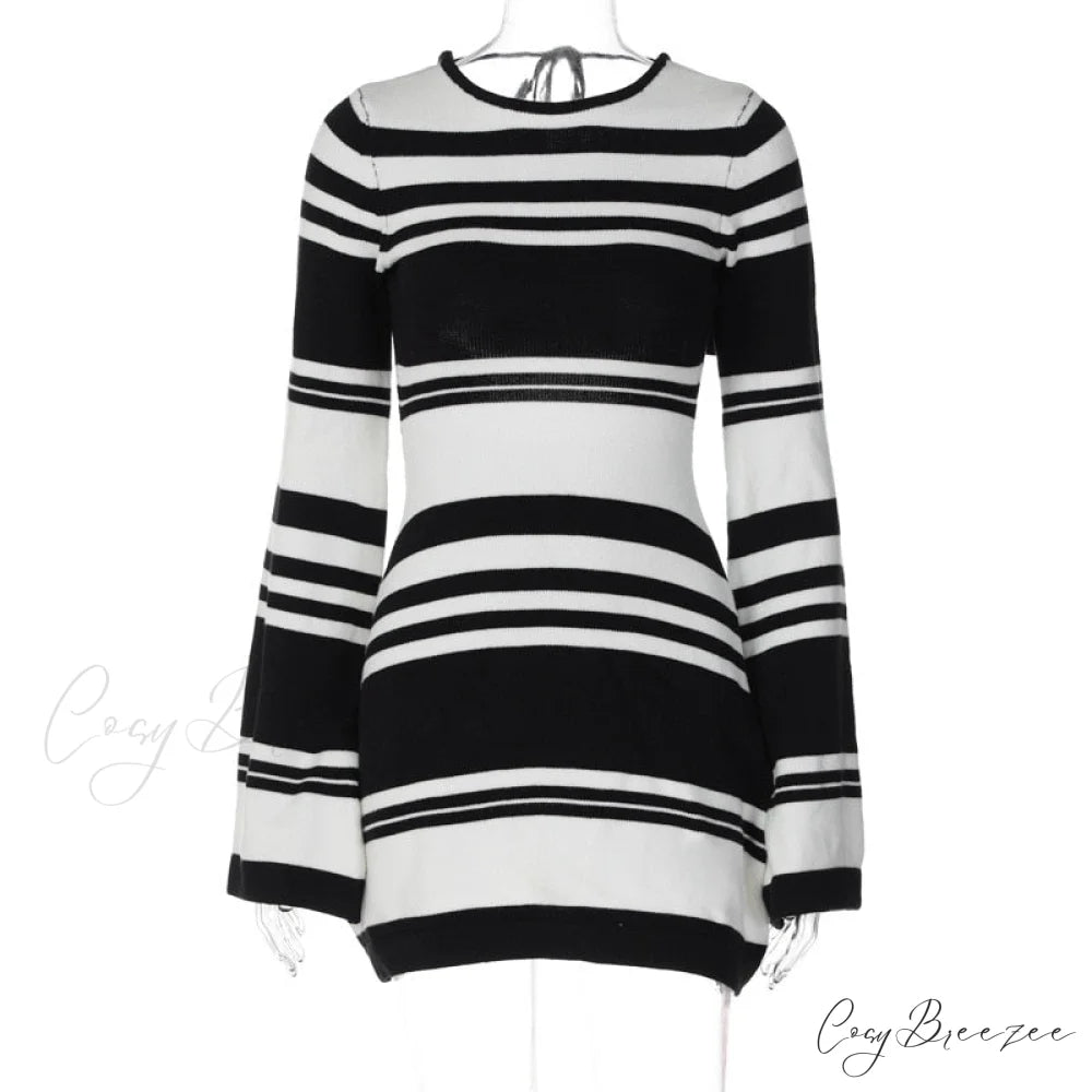 Black Stripe Knit Backless Graceful Long Sleeve Mini Dress