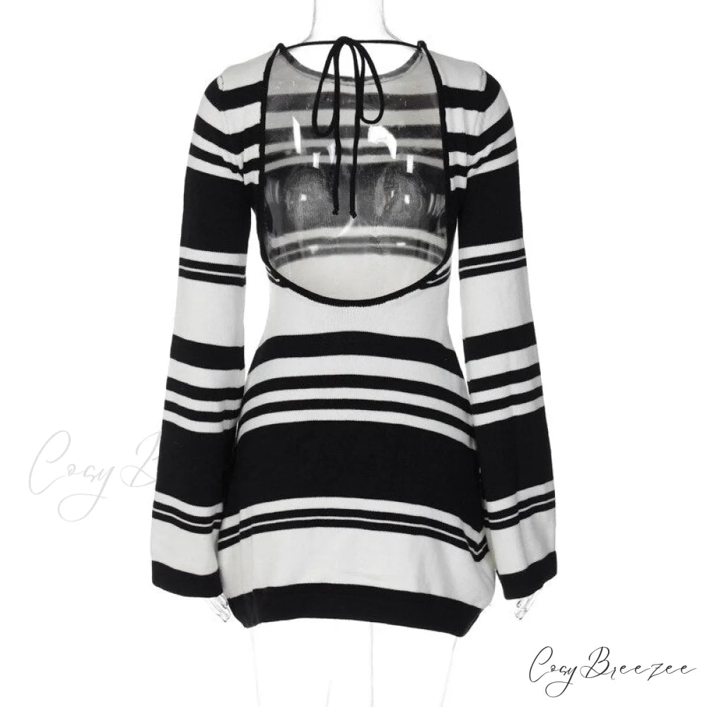 Black Stripe Knit Backless Graceful Long Sleeve Mini Dress