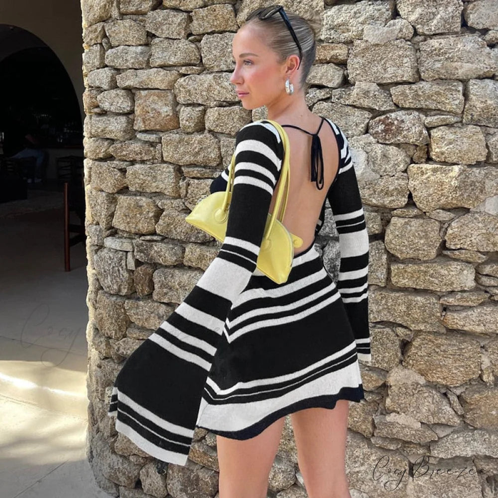 Black Stripe Knit Backless Graceful Long Sleeve Mini Dress