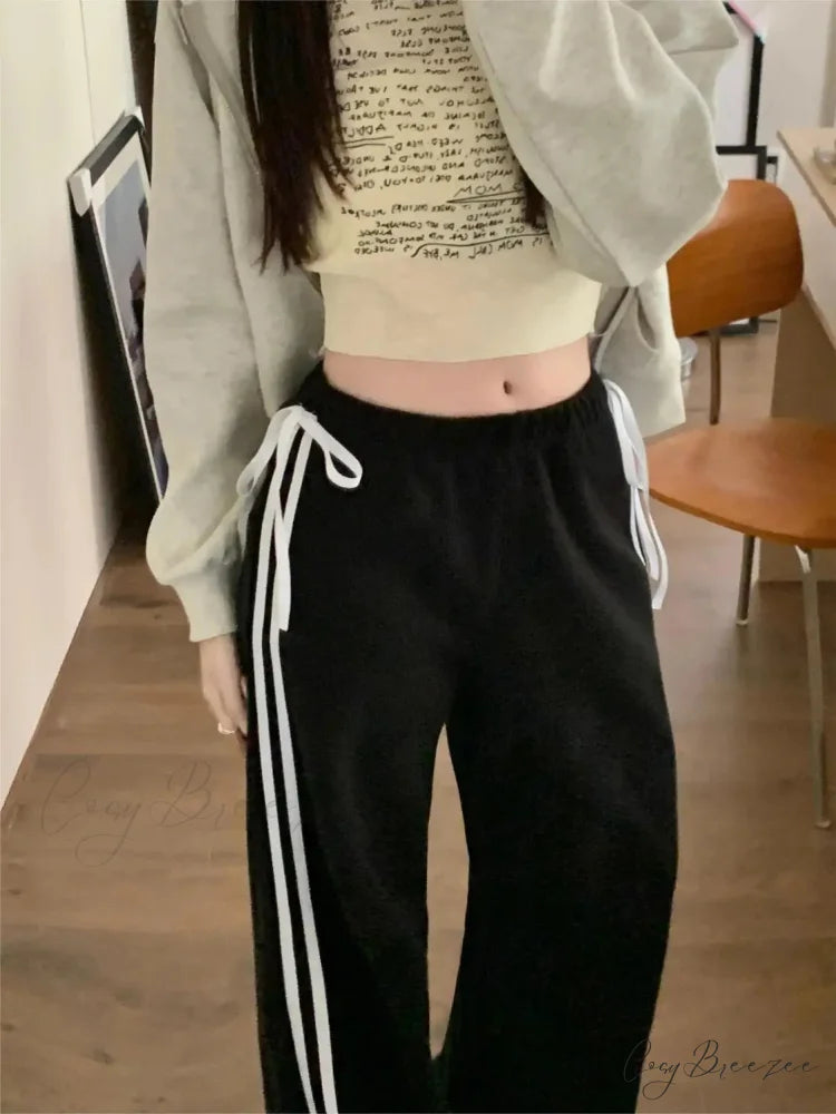 Black Striped Bow Charming Wide Leg Pants