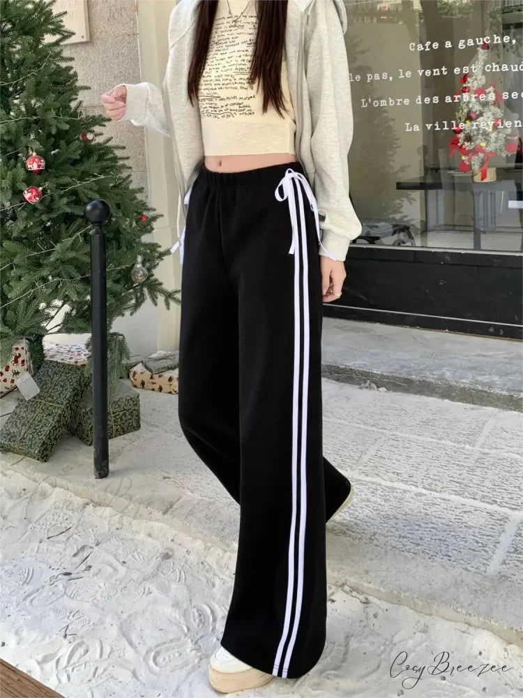 Black Striped Bow Charming Wide Leg Pants