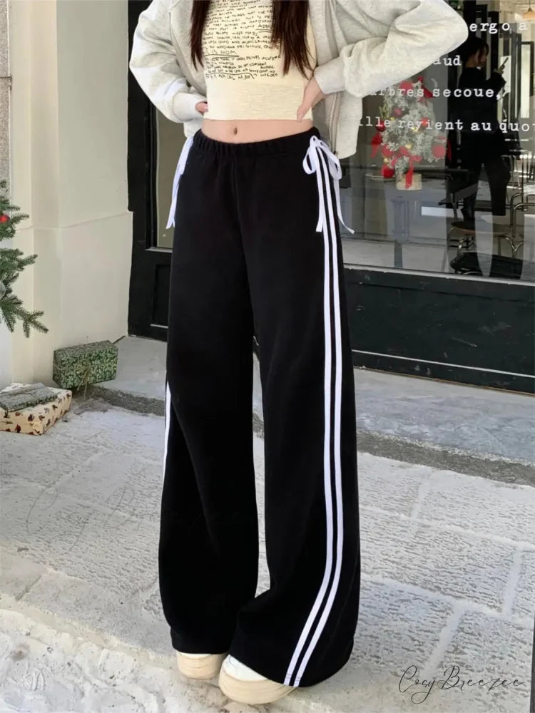 Black Striped Bow Charming Wide Leg Pants