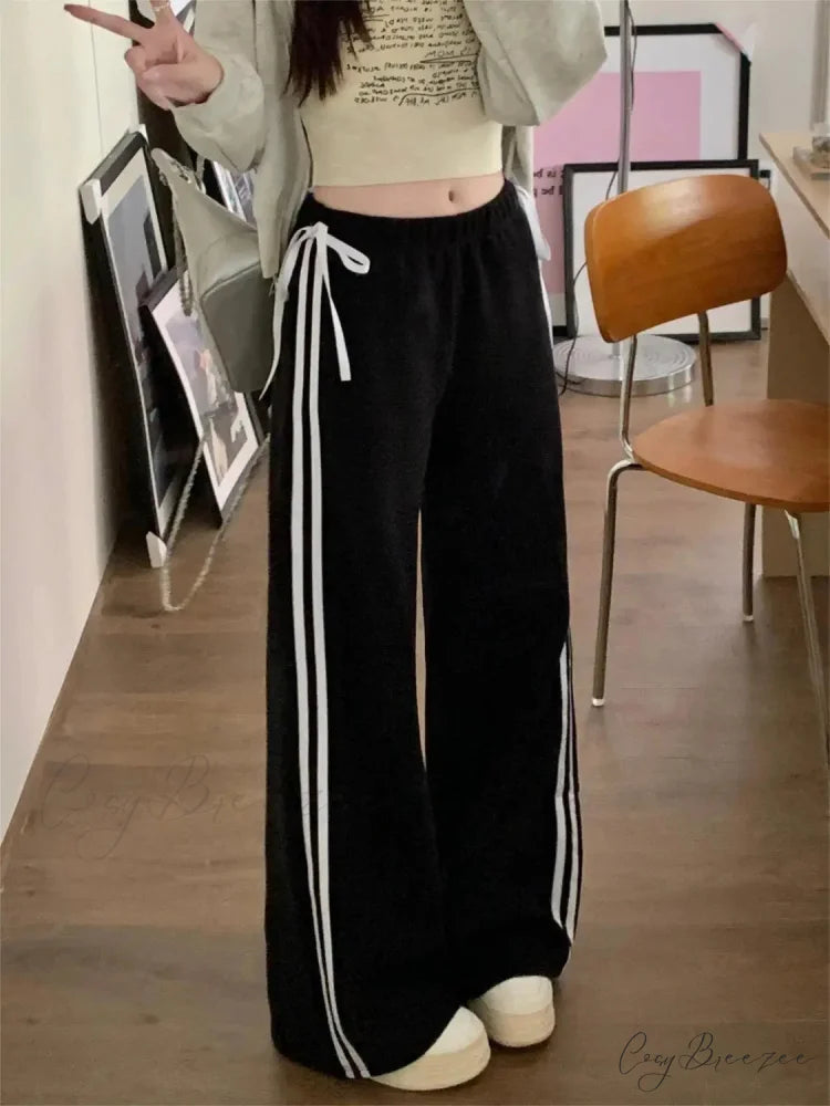 Black Striped Bow Charming Wide Leg Pants