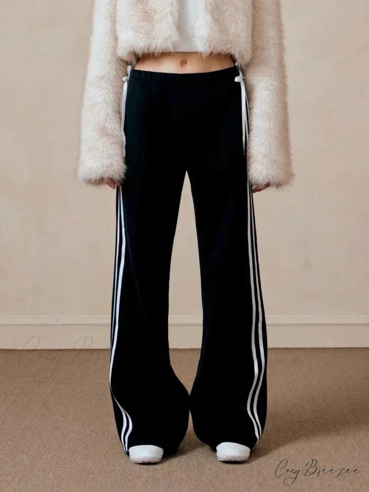 Black Striped Bow Charming Wide Leg Pants