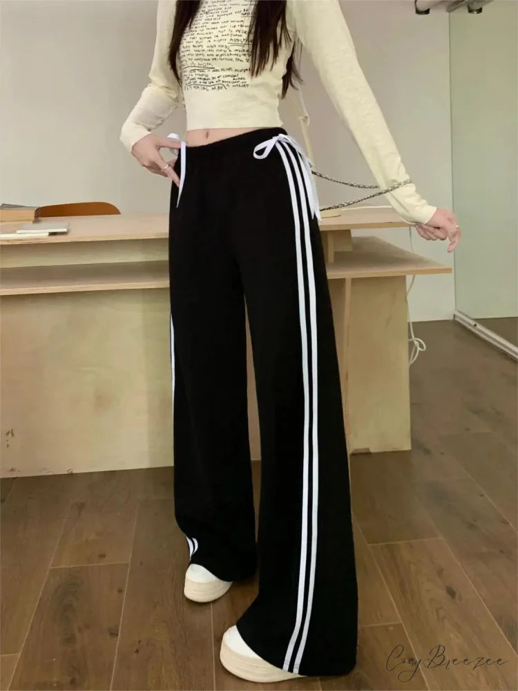 Black Striped Bow Charming Wide Leg Pants