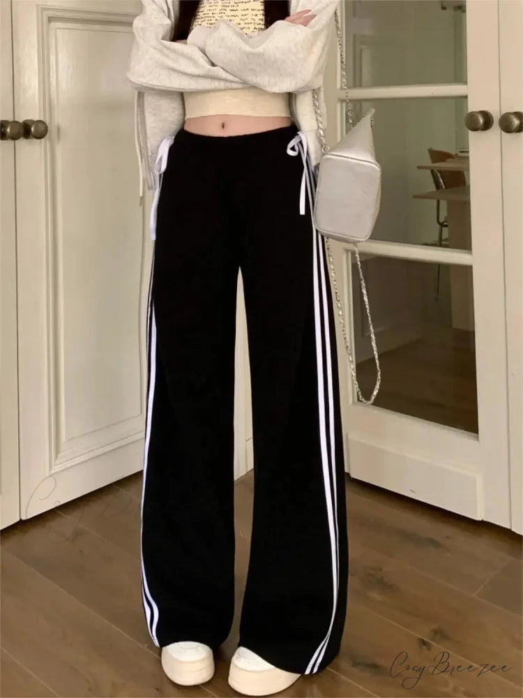 Black Striped Bow Charming Wide Leg Pants