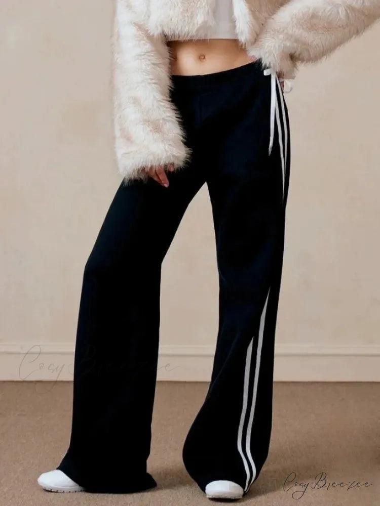 Black Striped Bow Charming Wide Leg Pants