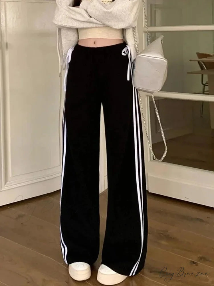 Black Striped Bow Charming Wide Leg Pants