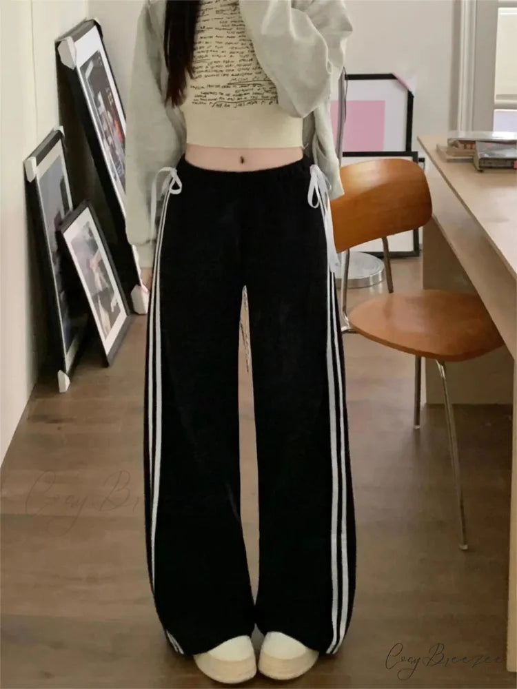 Black Striped Bow Charming Wide Leg Pants