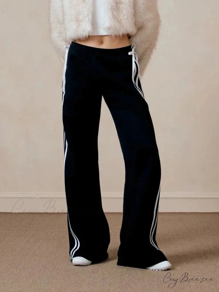 Black Striped Bow Charming Wide Leg Pants