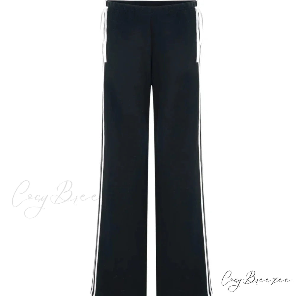 Black Striped Bow Charming Wide Leg Pants Black / S