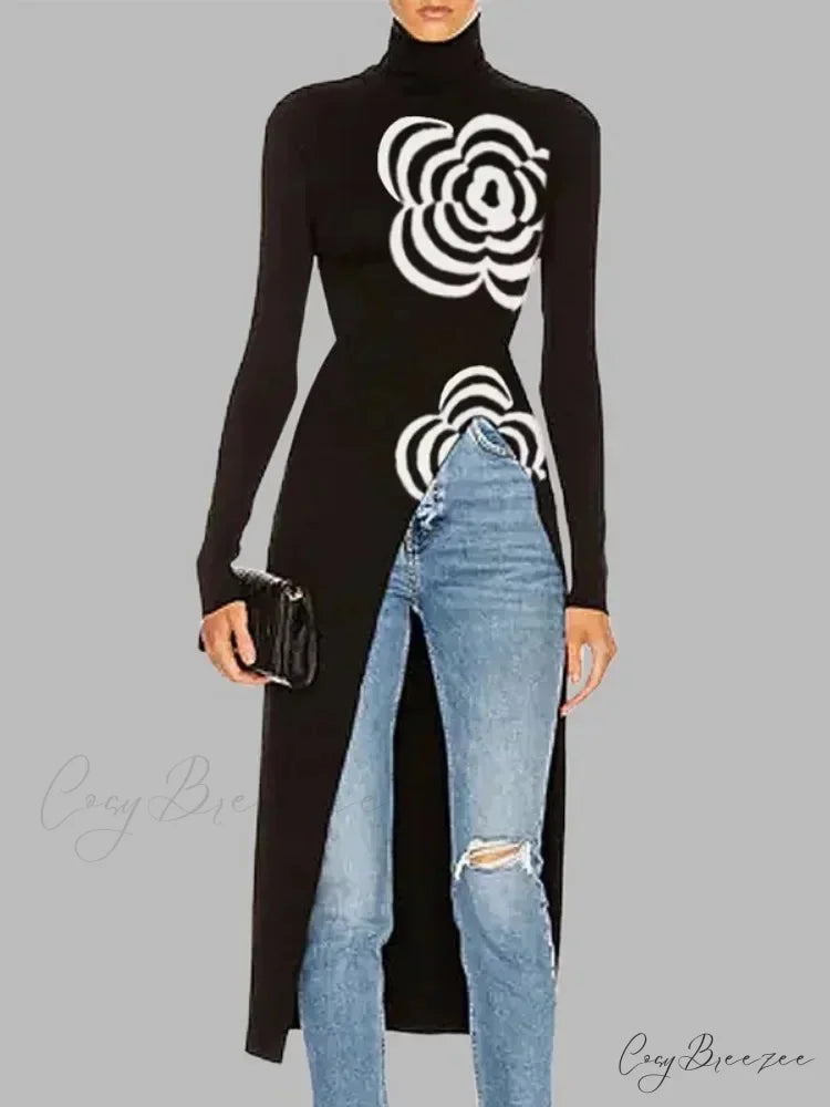 Black Top Asymmetric Printed Split-Joint Sweater coffee / S swraters-241228