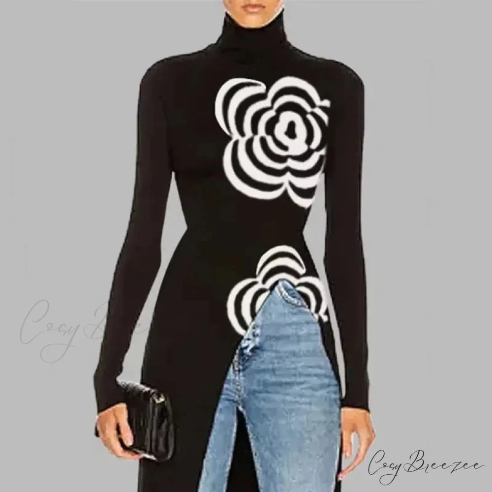 Black Top Asymmetric Printed Split-Joint Sweater swraters-241228