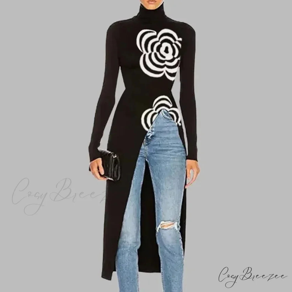 Black Top Asymmetric Printed Split-Joint Sweater swraters-241228