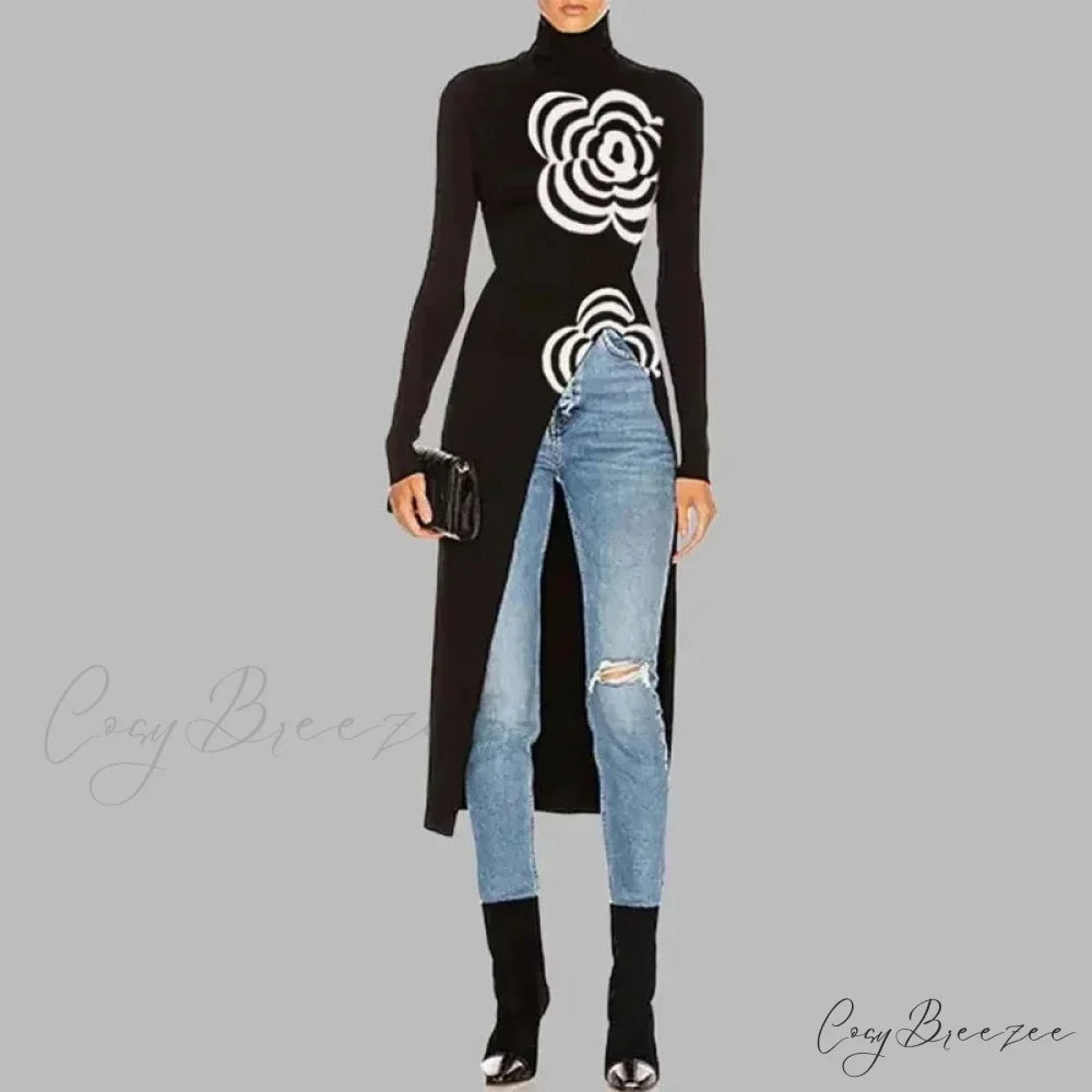 Black Top Asymmetric Printed Split-Joint Sweater swraters-241228
