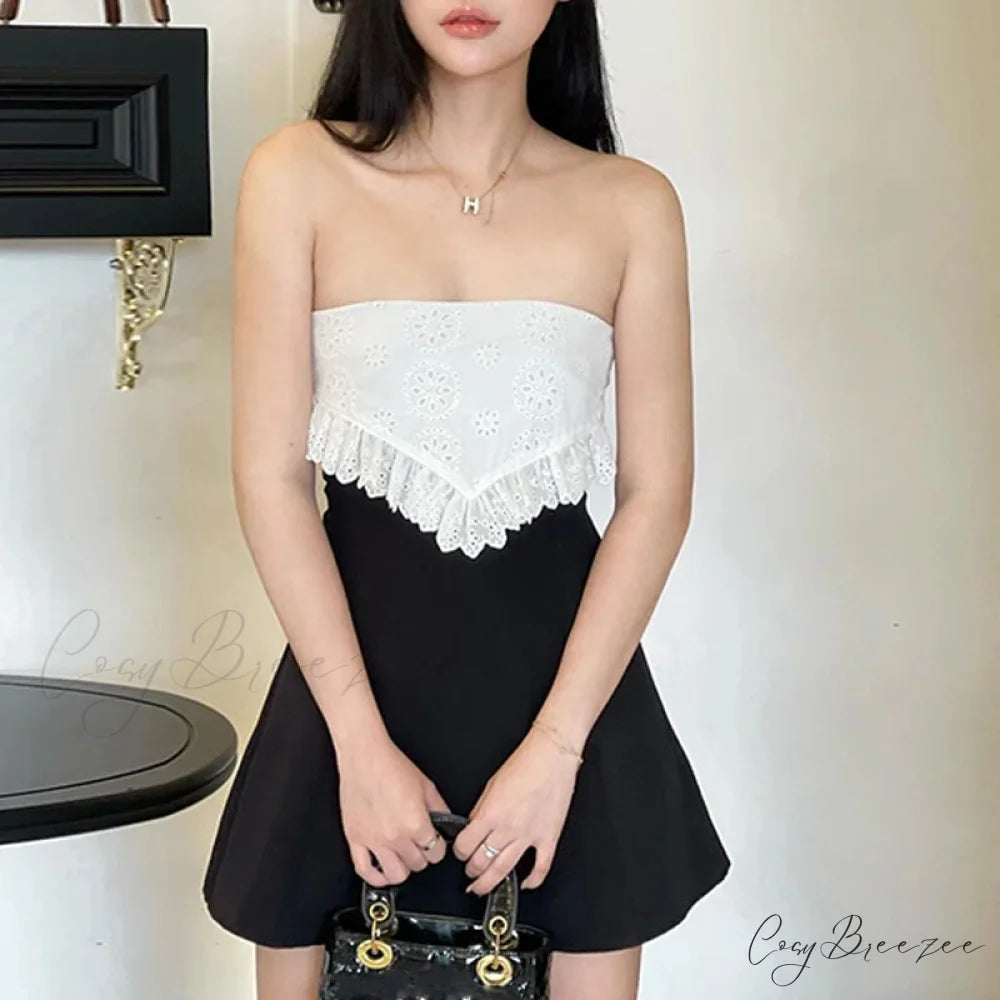 Black Tube Lace Charming Patchwork Mini Dress Black / S