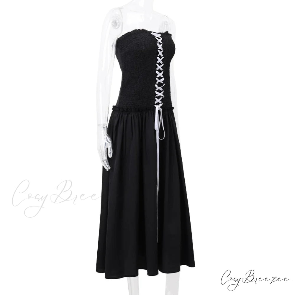 Black Tube Ruched Charming Lace Up Maxi Dress