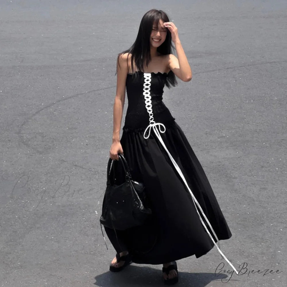 Black Tube Ruched Charming Lace Up Maxi Dress