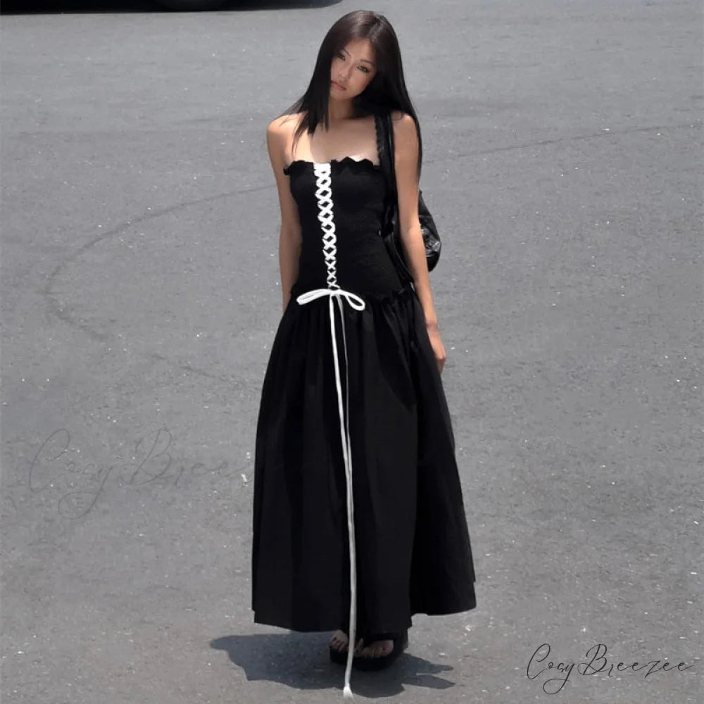 Black Tube Ruched Charming Lace Up Maxi Dress