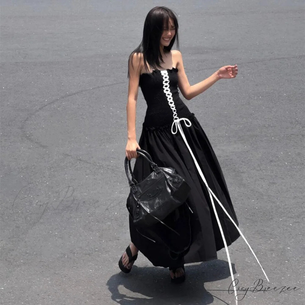 Black Tube Ruched Charming Lace Up Maxi Dress