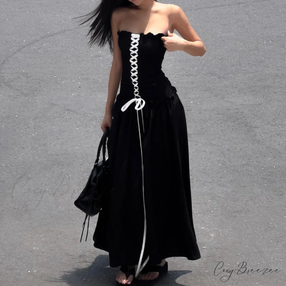 Black Tube Ruched Charming Lace Up Maxi Dress Black / S