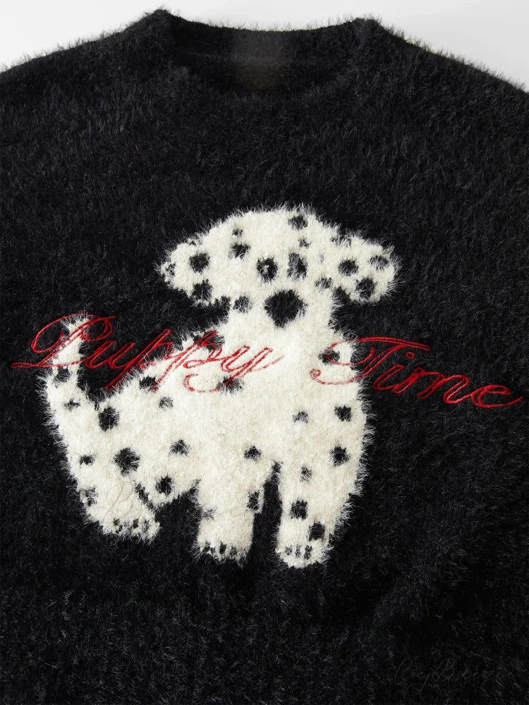 Black White Contrast Dalmatian Embroidered Sweater swraters-241228