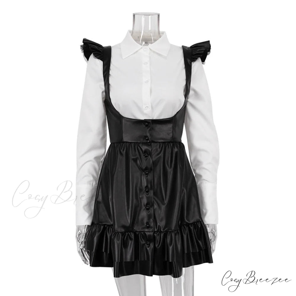 Black-White Contrast Long-Sleeve Skirt Suit BLACK / S