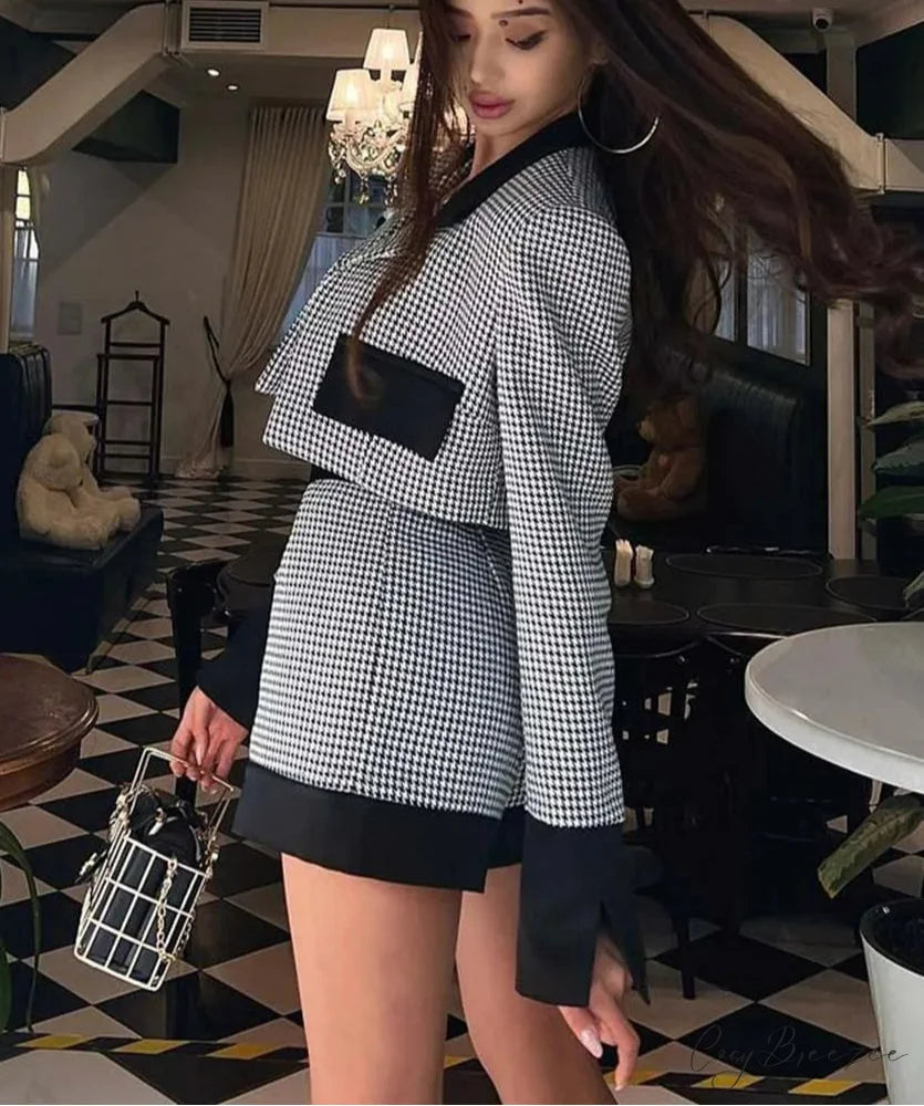 Black White Patchwork Crop Shorts Office Set officetwopieceset-250223