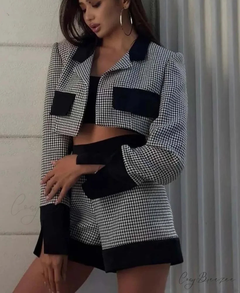 Black White Patchwork Crop Shorts Office Set black white / S officetwopieceset-250223