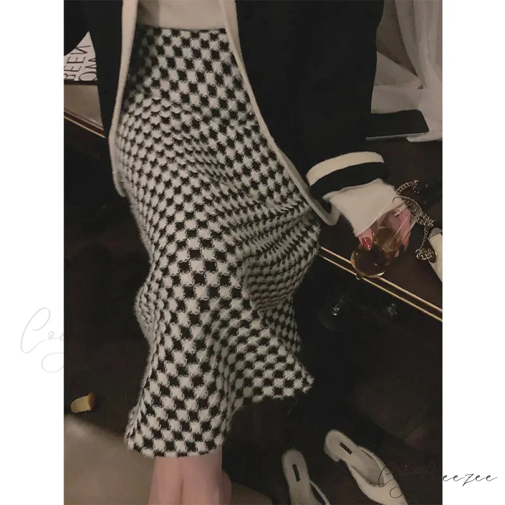 Black White Thousand Bird Plaid Thickened High Waisted Knitted A-Line Skirt GRAY / S