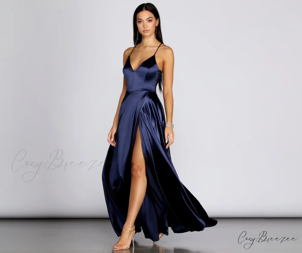 Blake Lace Stylish Back Satin Dress NAVY / XS
