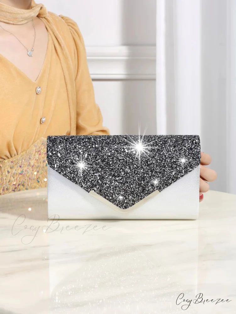 Bling Shiny Elegant Envelope Clutch Silver black clutchbag-250126