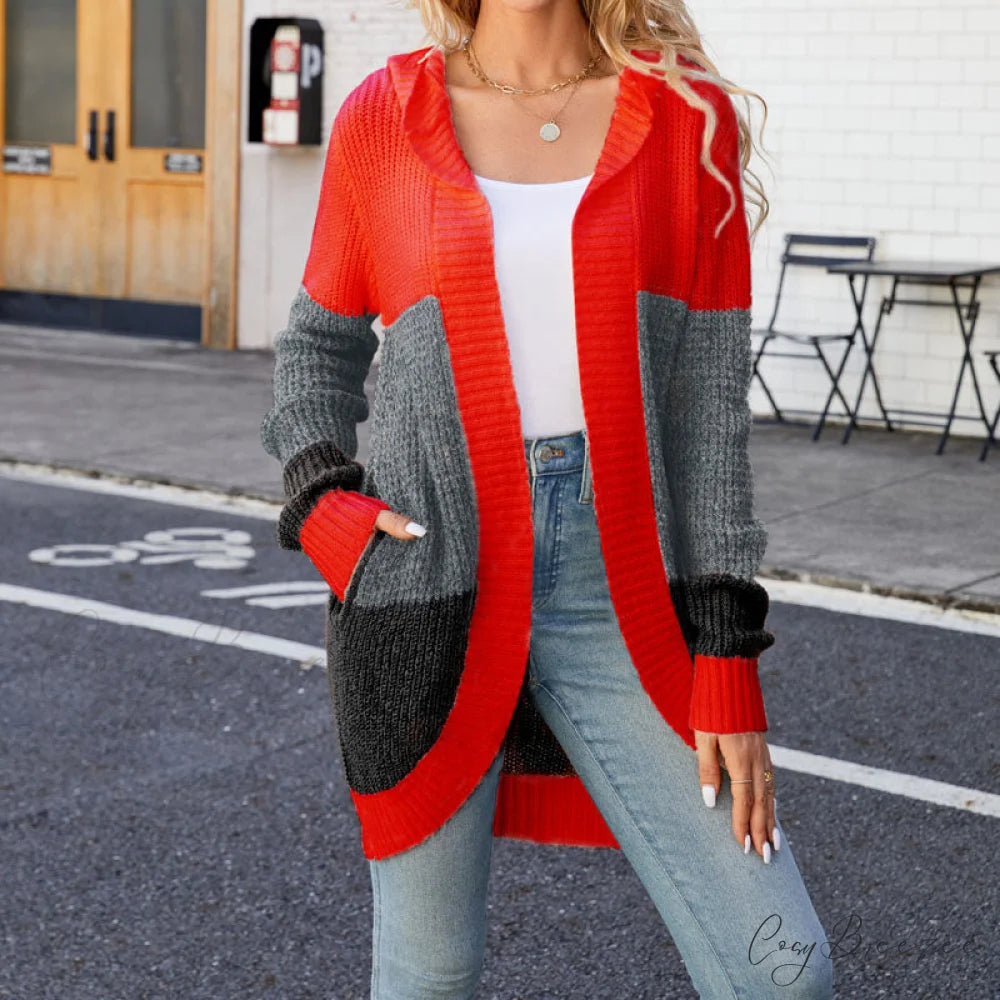 Block Color Cardigan Red / S