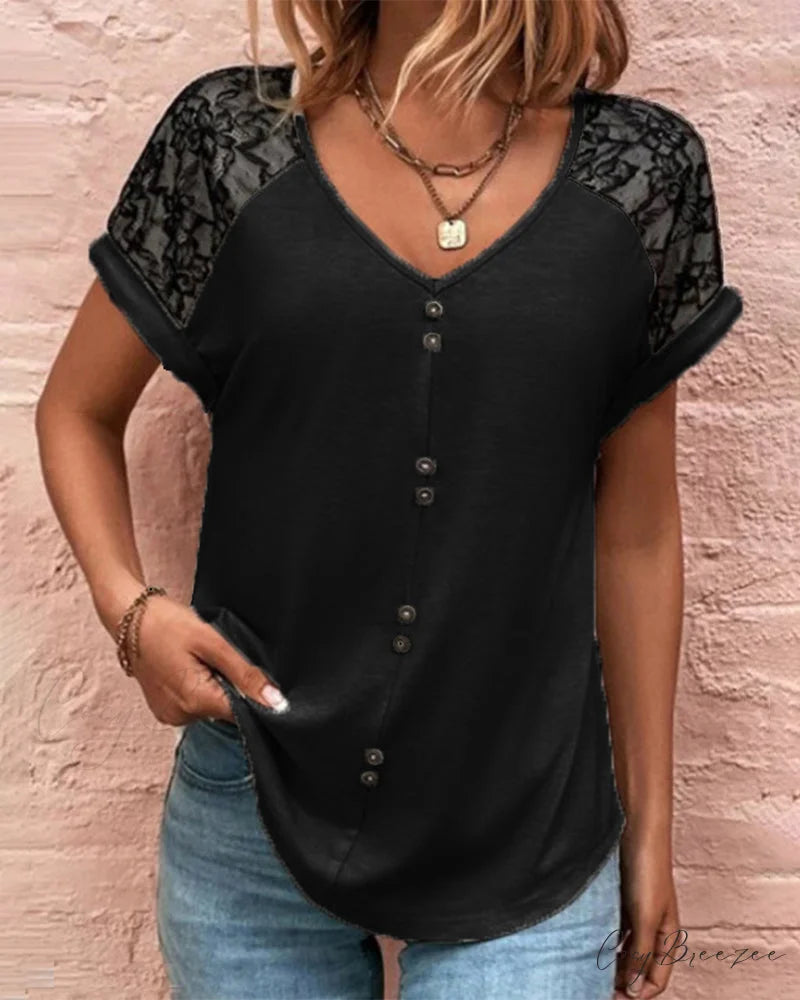 Block Color V-neck Lace Tee Black / S