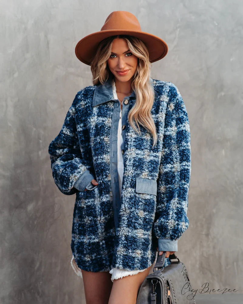 Blue Alaska Plaid Pocketed Teddy Jacket