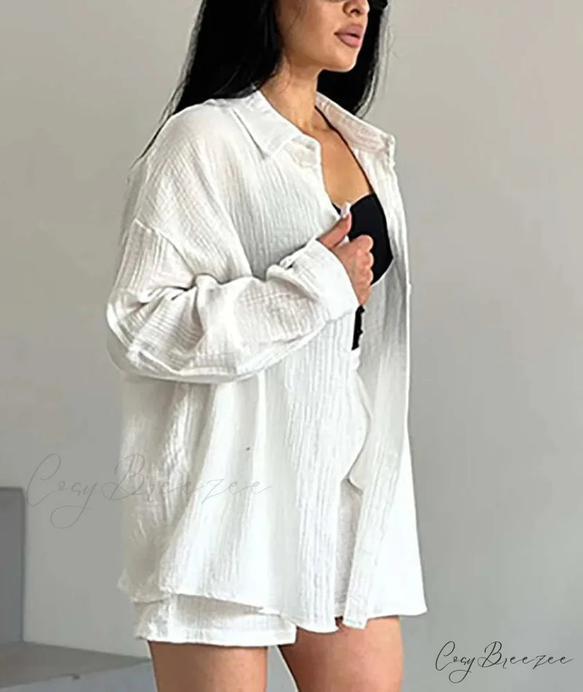 Blue Cotton Drawstring Shorts Office Set WHITE / S officetwopieceset-250223