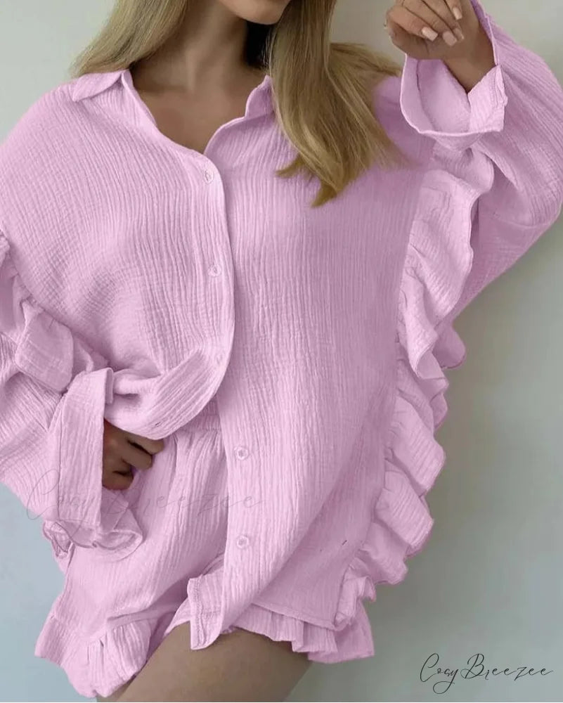 Blue Cotton Lapel Ruffled Shirt Office Set Pink / S officetwopieceset-250223