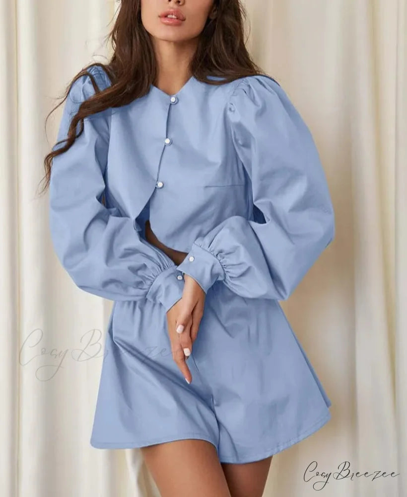 Blue Cotton O-Neck Crop Shorts Office Set officetwopieceset-250223